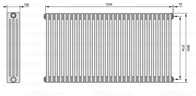 Схема (чертеж) Радиатор Zehnder Charleston 4280/29 №7610 Белый глянцевый RAL 9016